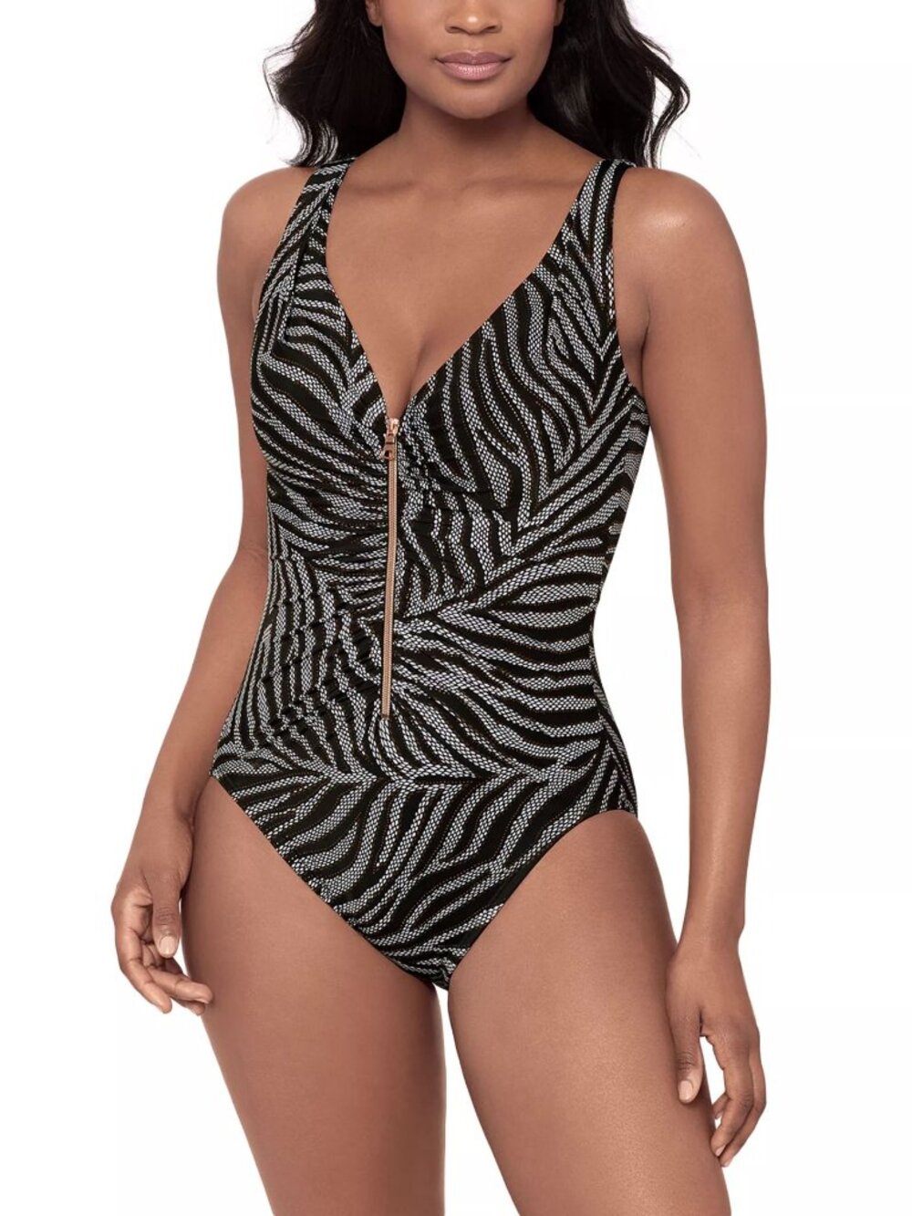 MIRACLESUIT Zipt One Piece SWIMSUIT Size 8 Zip Front Zirconic Black White NEW